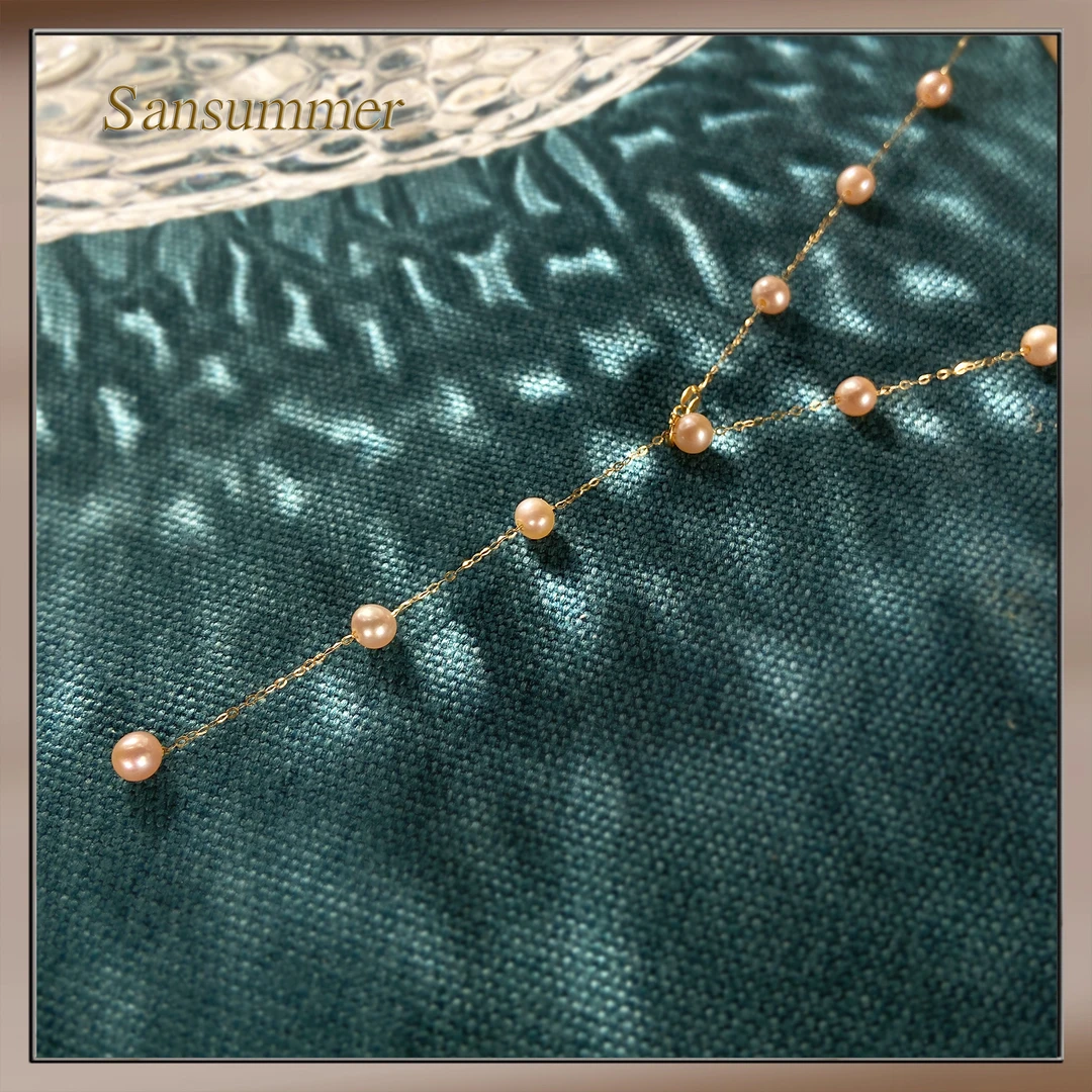 NM18k金淡水珍珠玫瑰金满天星项链4-5mm气质时尚百搭手工