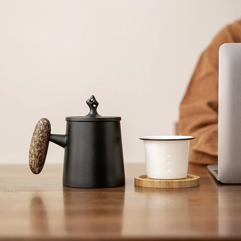 菩提泡茶杯带盖过滤家用男女陶瓷喝水杯大容量办公茶水分离马克杯