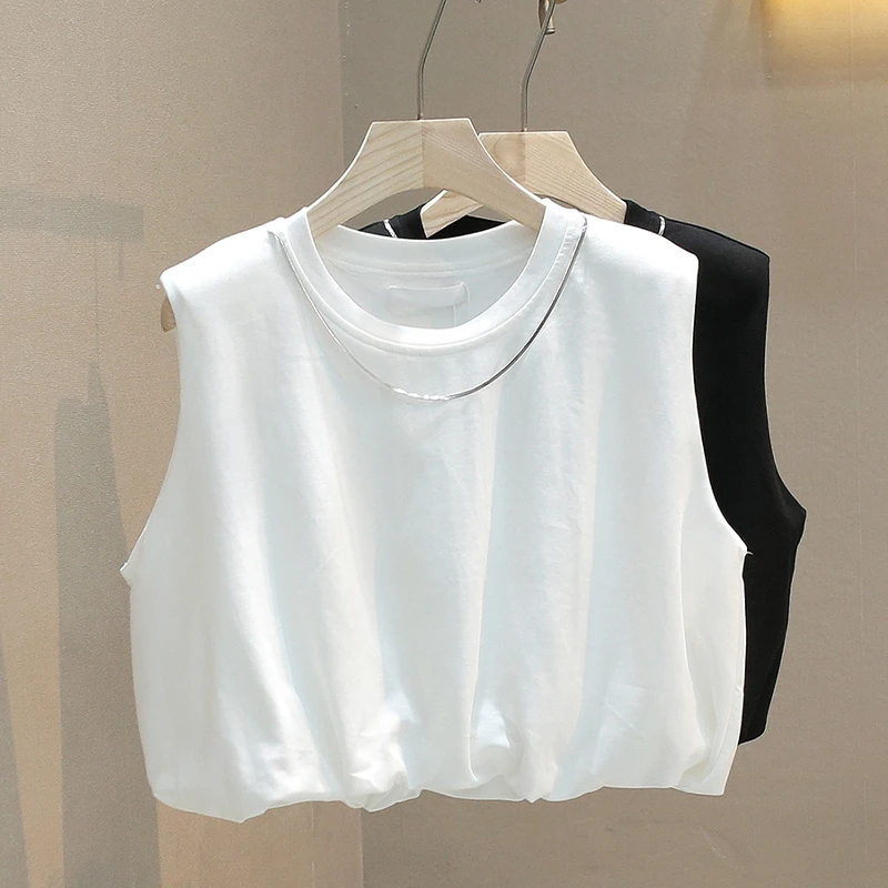 2025夏季新款休闲简约纯色无袖坎肩t恤女薄款小个子宽松显瘦上衣