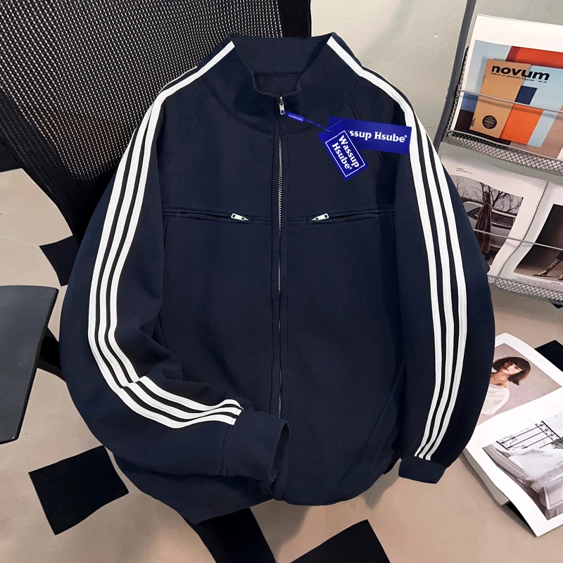 WASSUP HSUBE高级设计感重磅开衫立领男士卫衣潮酷高街棒球服外套