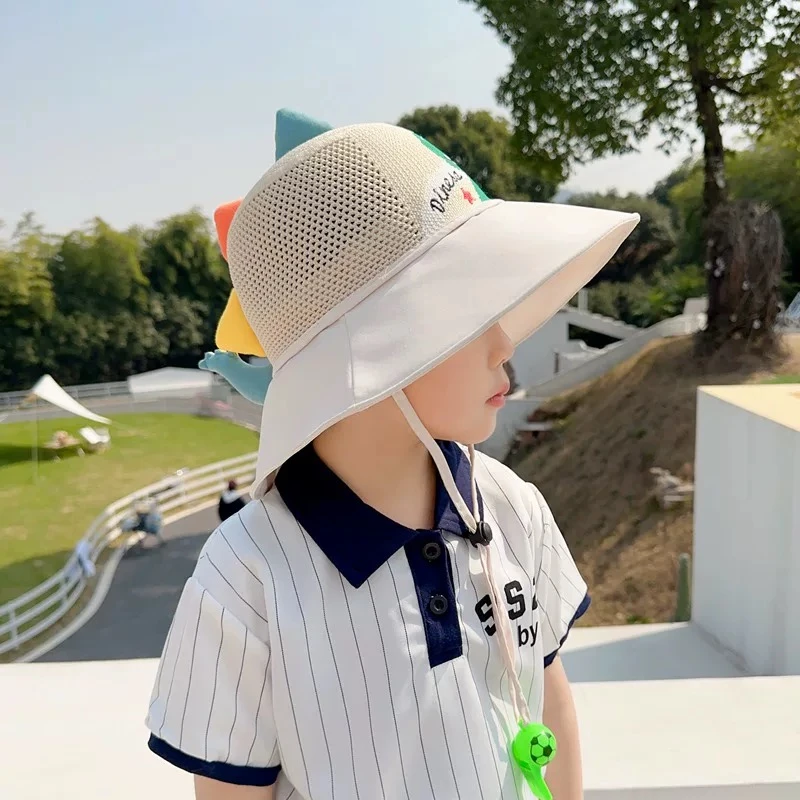 儿童帽子夏季透气防晒帽大帽檐男童遮阳口哨小孩子恐龙渔夫太阳帽