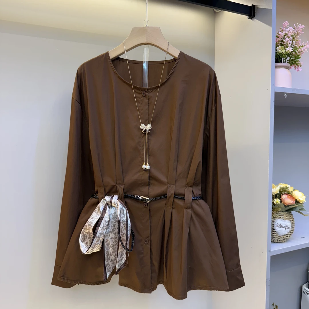 2025欧货新款大码女装圆领收腰显瘦韩系衬衫