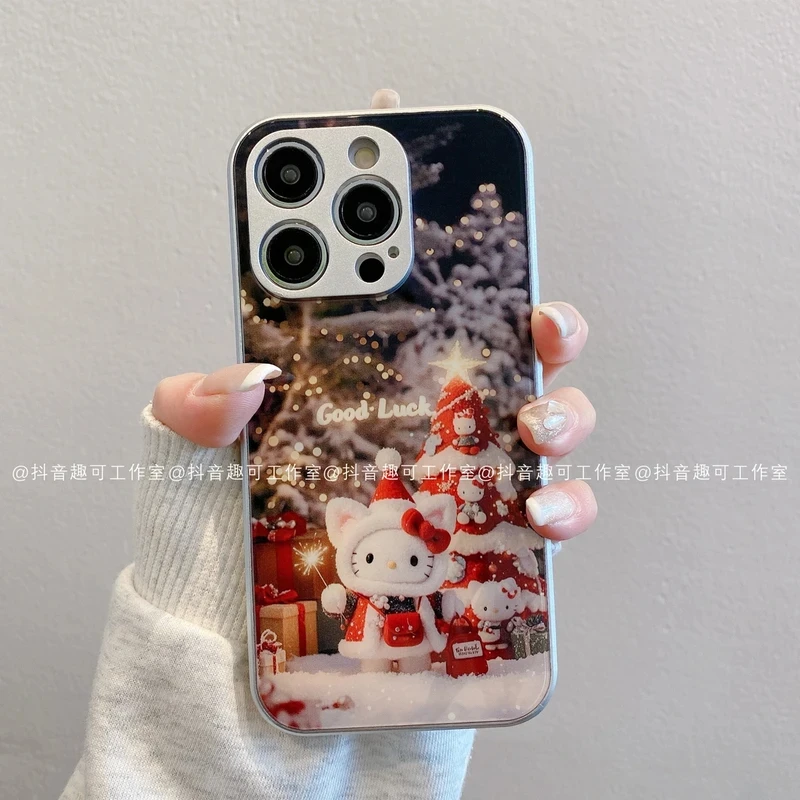 圣诞凯蒂金属玻璃壳适用华为Pura70/Pro苹果16小米14vivo手机壳潮
