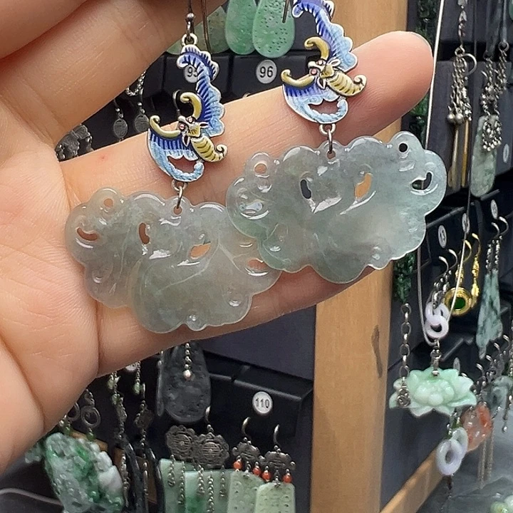 翡翠银S925镶嵌耳饰冰*555556