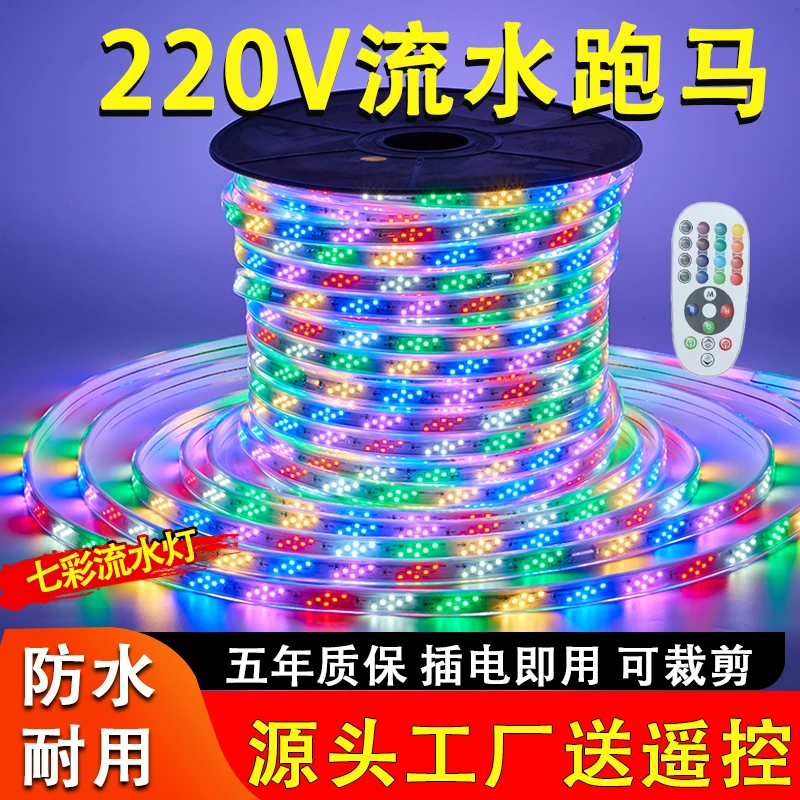 跑马灯彩灯led七彩户外防水流水变色霓虹灯带闪带条招牌220软灯条