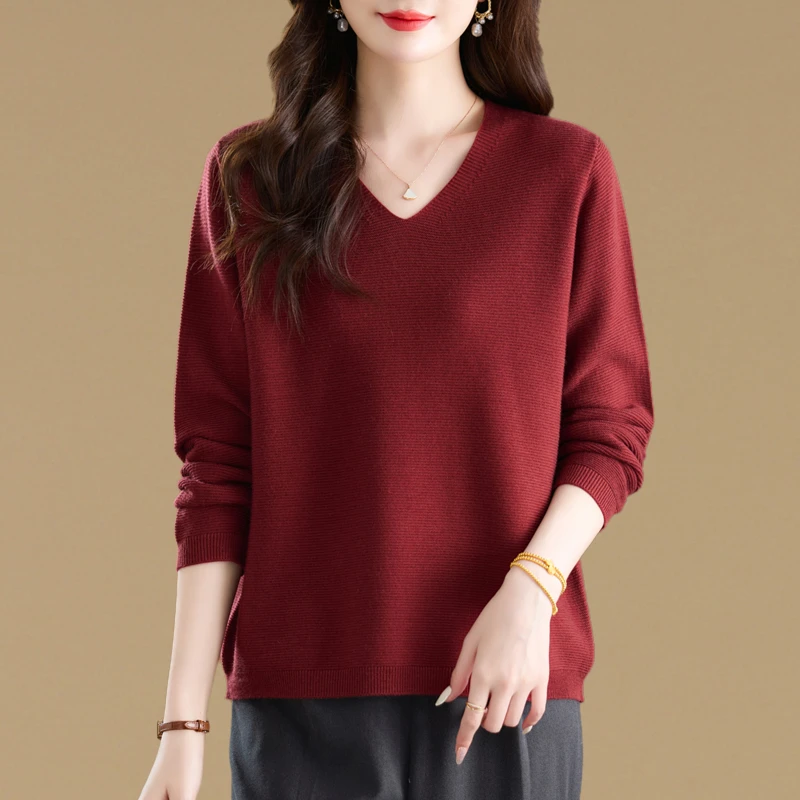高端气质V领大码宽松薄款毛衣女套头秋冬新款长袖针织打底衫上衣