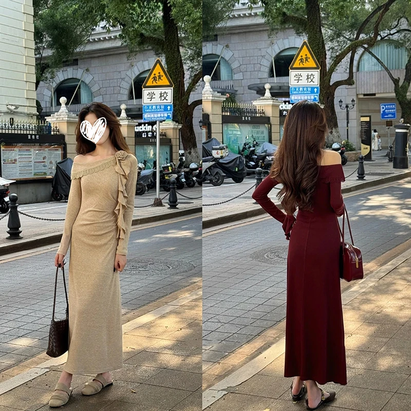 【木耳花裙】小个子气质斜肩木耳飘带显瘦收腰连衣裙秋季新款