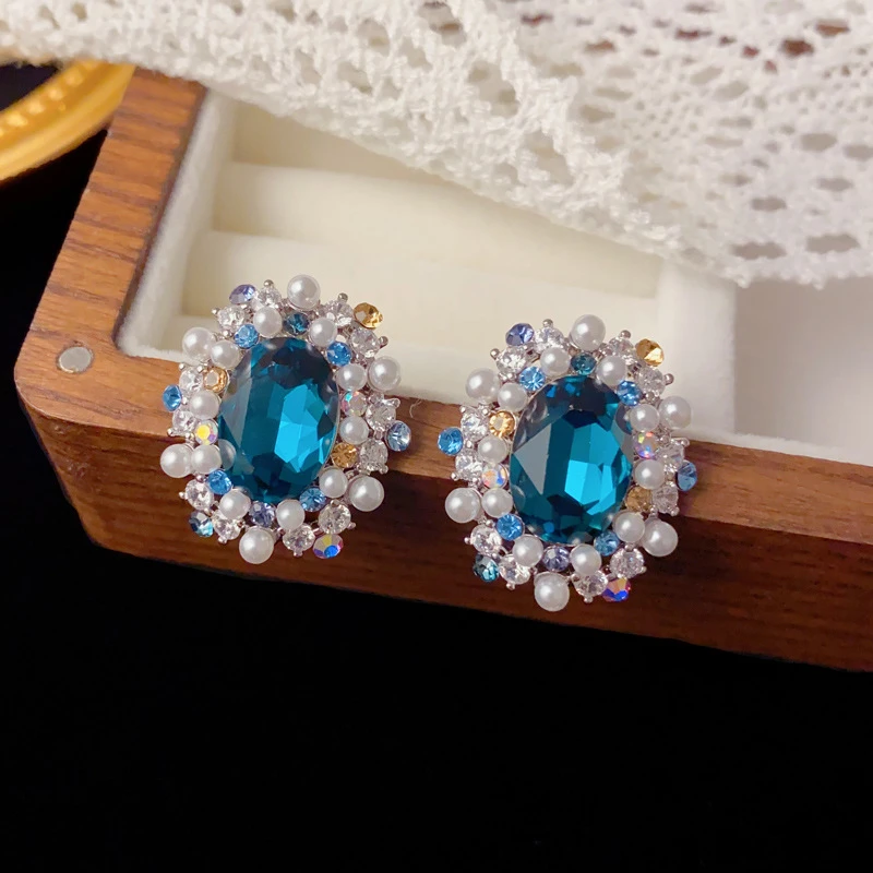 铜合金陶瓷耳饰 轻奢气质满钻椭圆耳钉精致个性时尚百搭高级