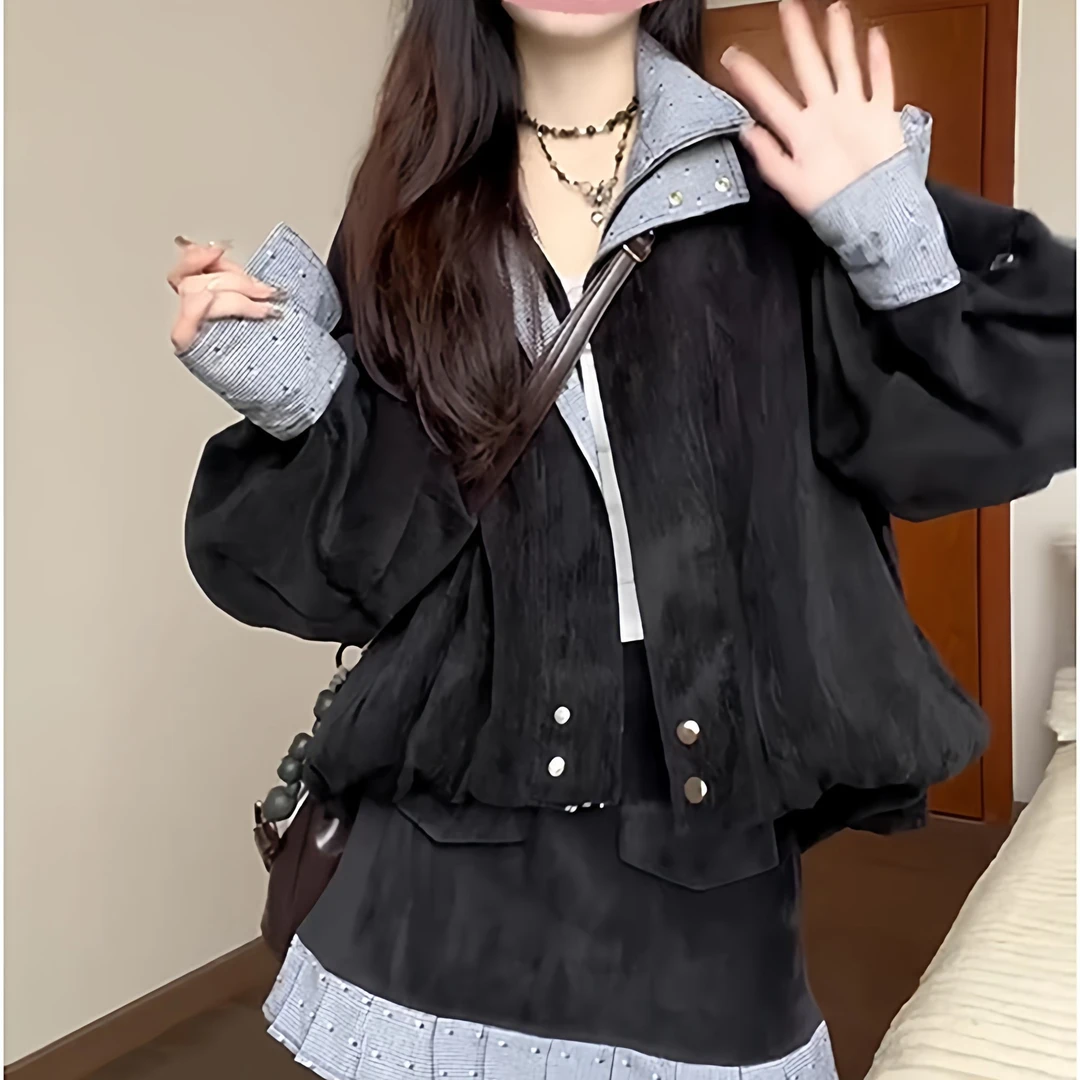 韩系双层领宽松短款夹克外套女2025秋冬新款减龄外套短裙两件套