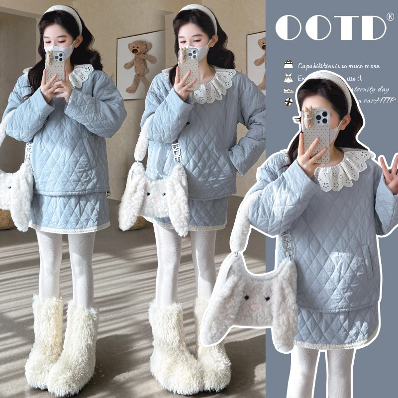 孕妇装秋冬新款韩系甜美重工蕾丝夹棉卫衣时尚休闲短裙套装