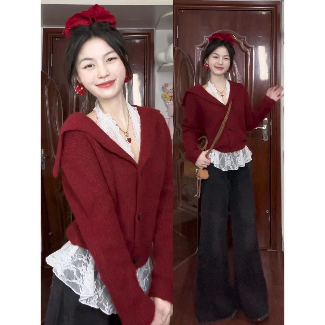 新年红色牛角扣翻领毛衣女2025秋冬新款软糯针织衫高级感开衫上衣