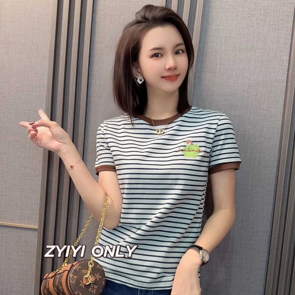 【苹果派】2025春夏新款短袖T恤修身显瘦条纹休闲百搭上衣女
