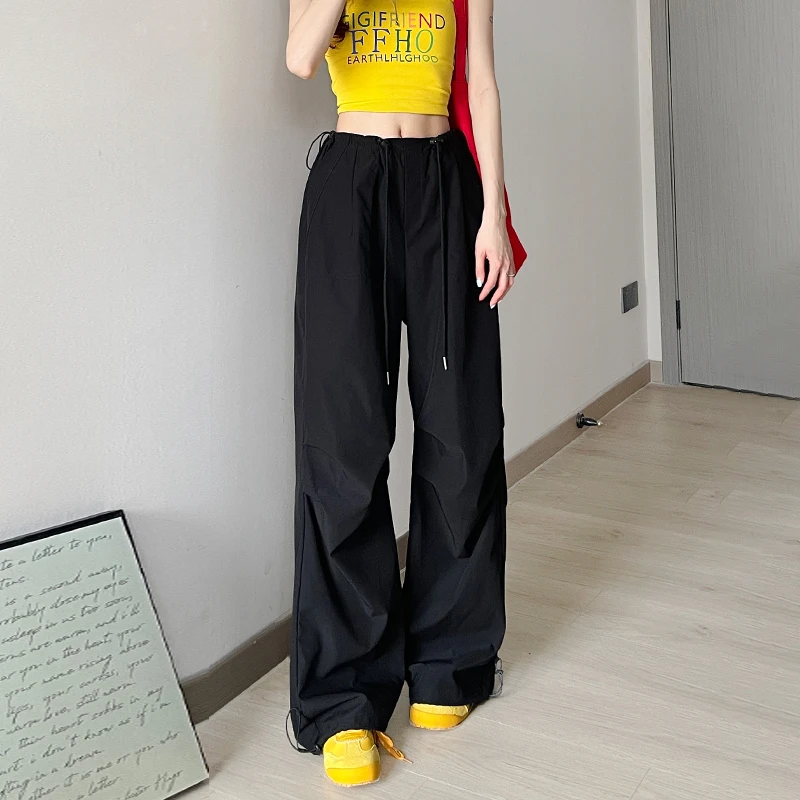 黑色工装裤女秋季2025新款美式抽绳爵士舞街舞裤子带后口袋降落伞