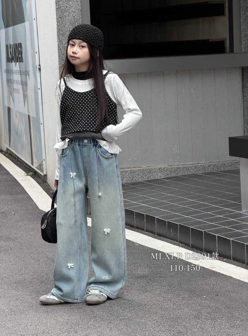 女童长裤显瘦高腰阔腿裤加绒牛仔裤
