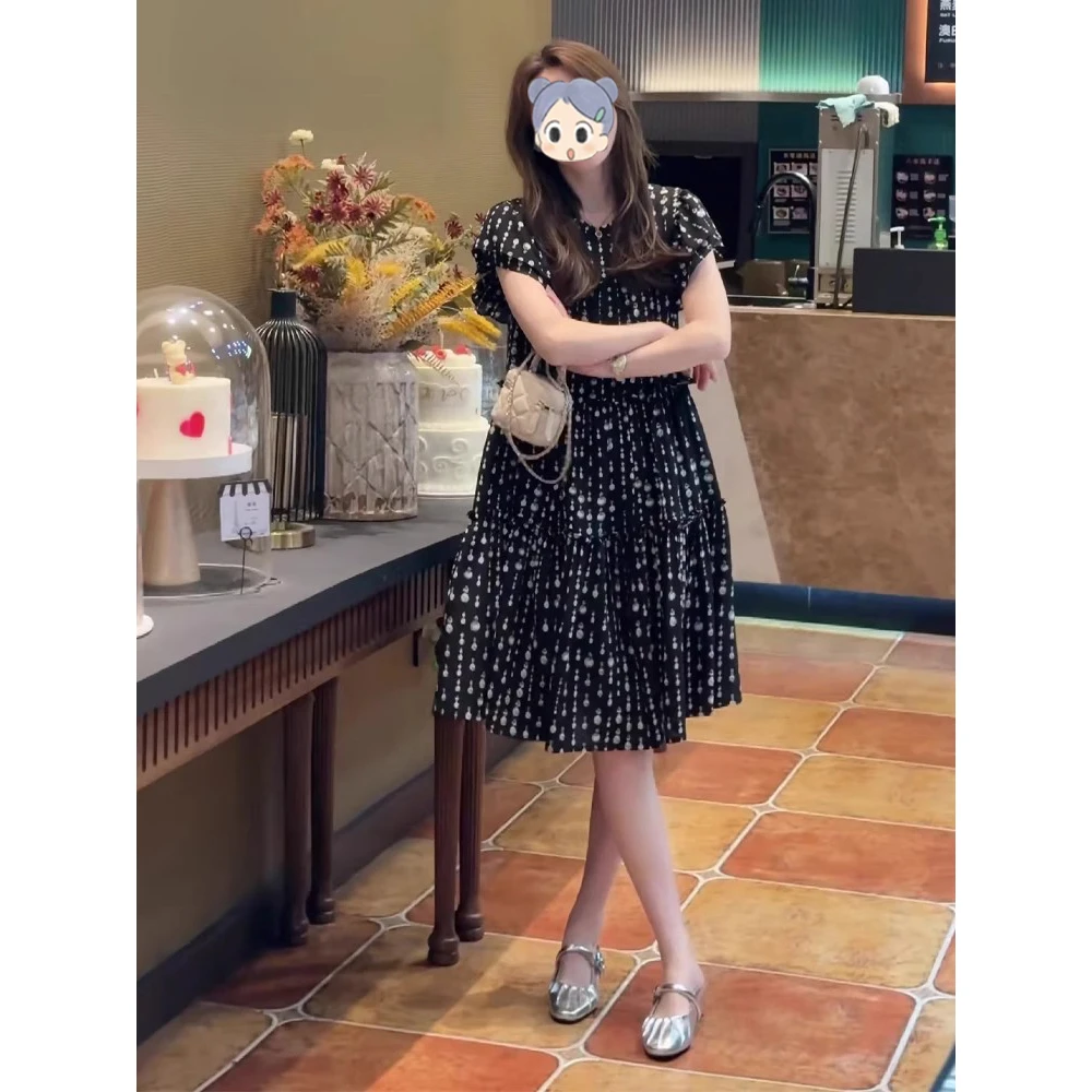 大码胖mm法式碎花连衣裙女夏季新款宽松显瘦荷叶边无袖休闲小黑裙