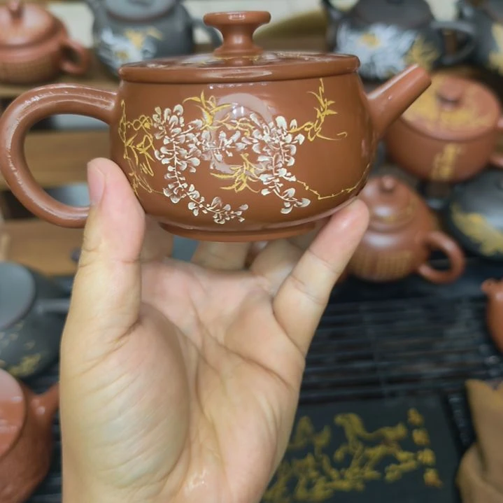 坭兴陶宽口紫藤花茶壶