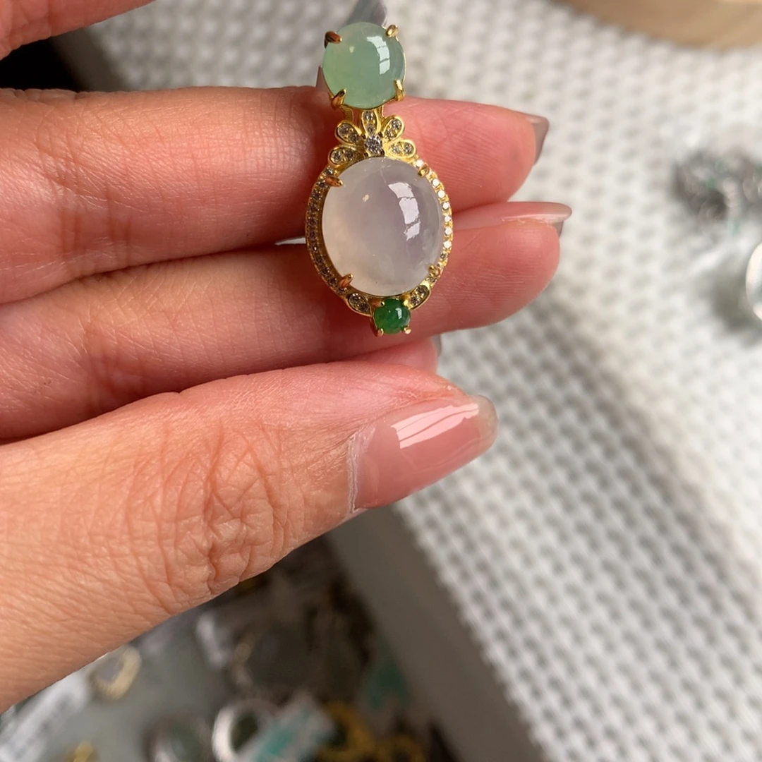 翡翠银S925镶嵌戒指吊坠