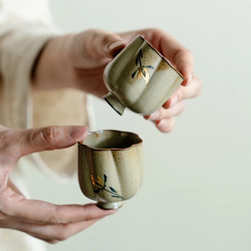 德白仿古窑变陶瓷泡茶杯纯手绘蝴蝶兰花高足杯女士专用单个主人杯