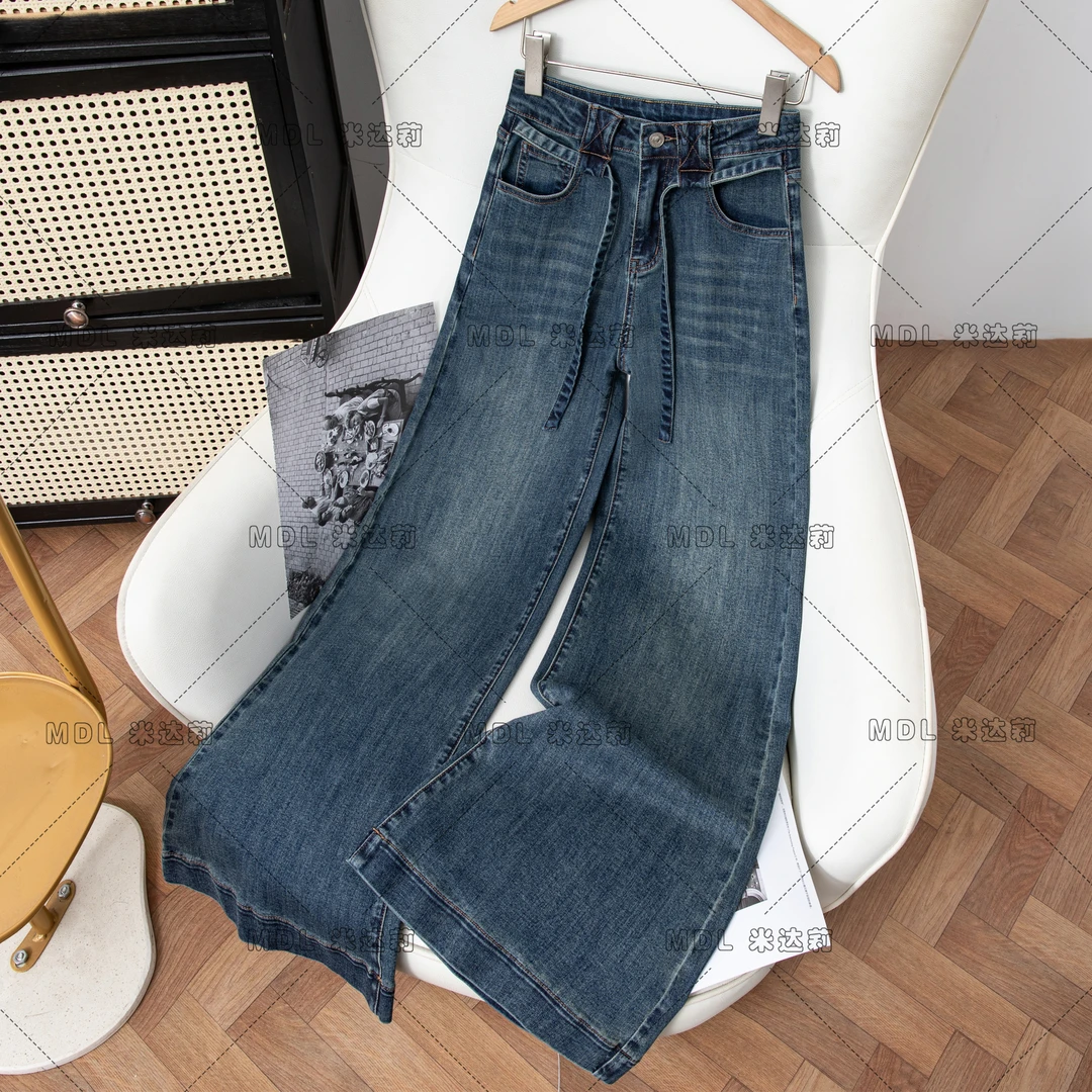 高腰阔腿裤牛仔裤女2025秋季复古蓝新款弹力宽松直筒显瘦潮7913