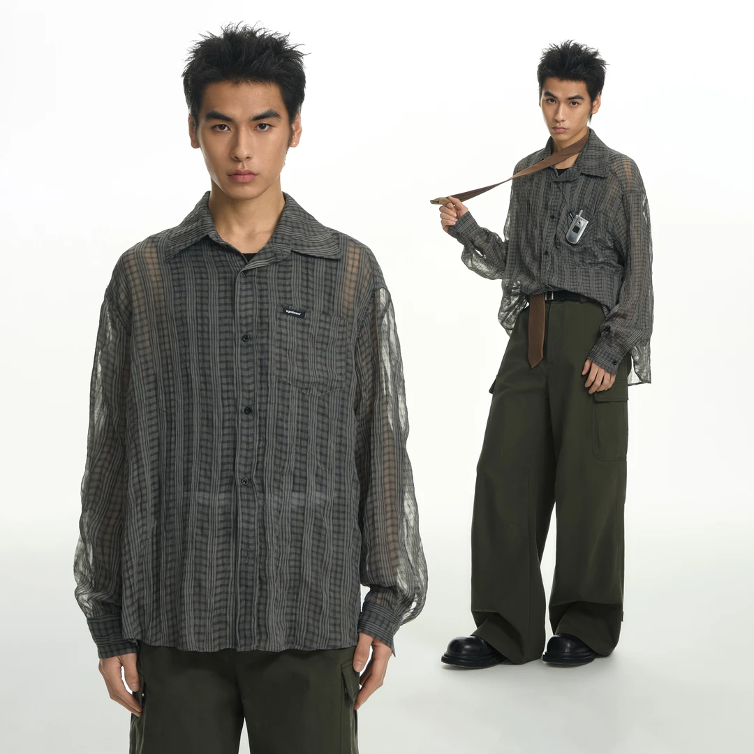 TGNS潮牌压褶微透格纹长袖衬衫女春夏设计感上衣格子衬衣罩衫外套