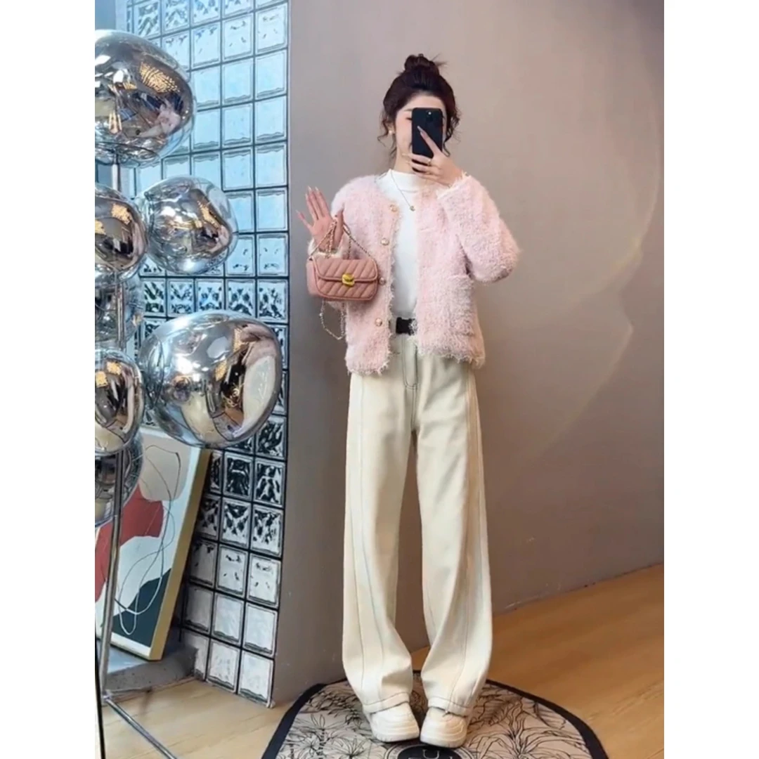 秋冬搭配一整套高级感羊羔毛一体宽松蕾丝边外套女+牛仔裤两件套