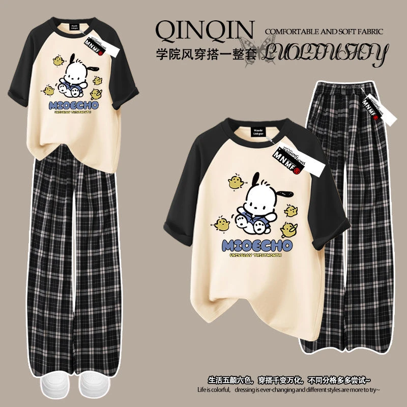 女童短袖t恤格子裤套装帕恰狗印花2025夏季中大童时尚休闲上衣潮