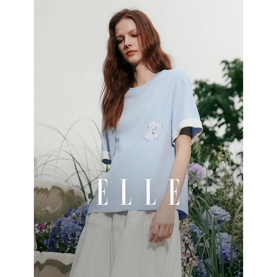 ELLE重工刺绣宽松短袖女2025夏季新款圆领休闲设计感ET51665