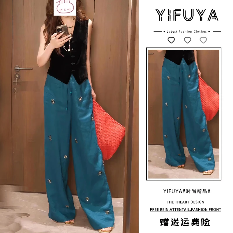 休闲风千金风时尚套装黑色丝绒上衣重工钉珠绣花阔腿裤多巴胺穿搭