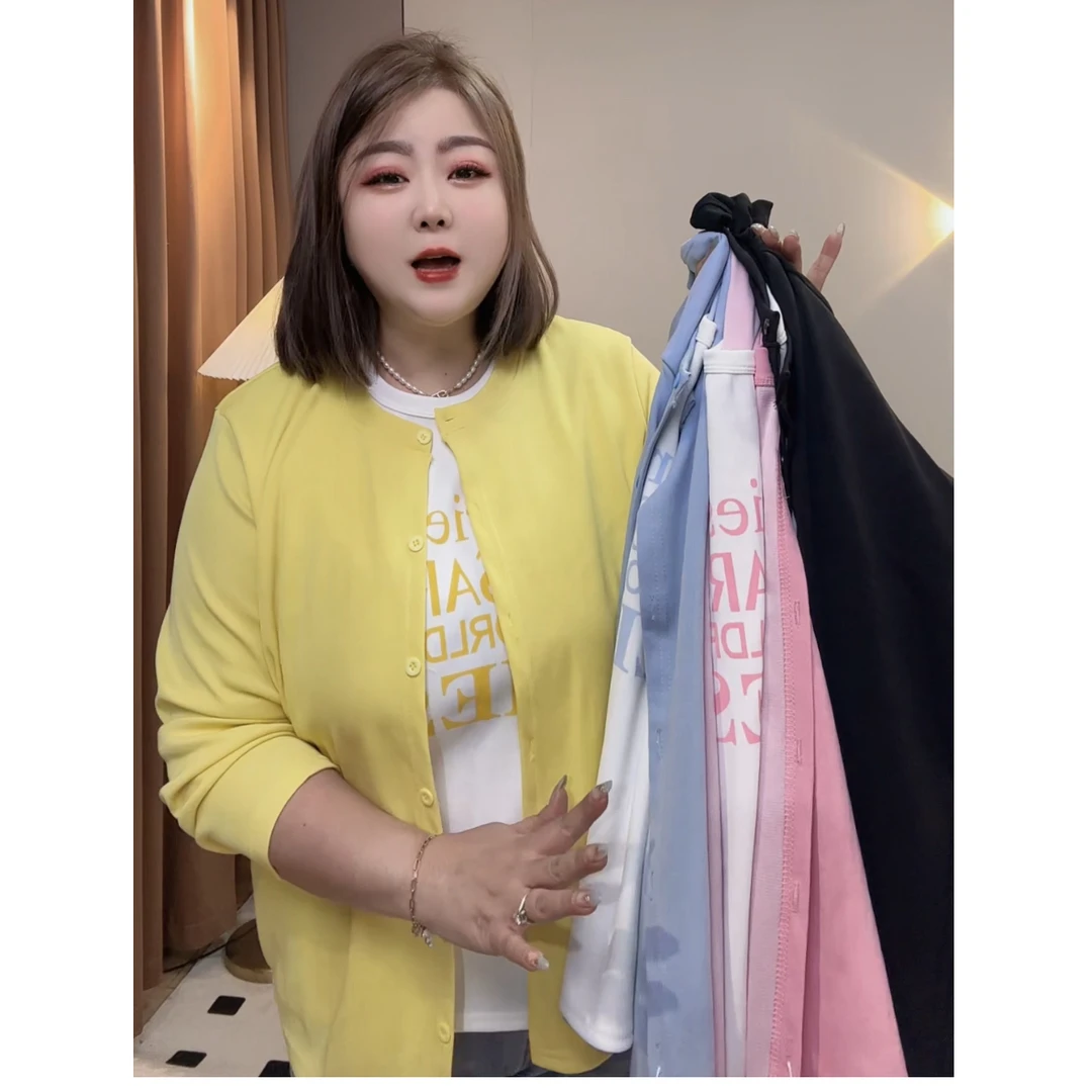 春季新款大码女装假两件针织衫开衫套头休闲宽松显瘦彩色薄款上衣