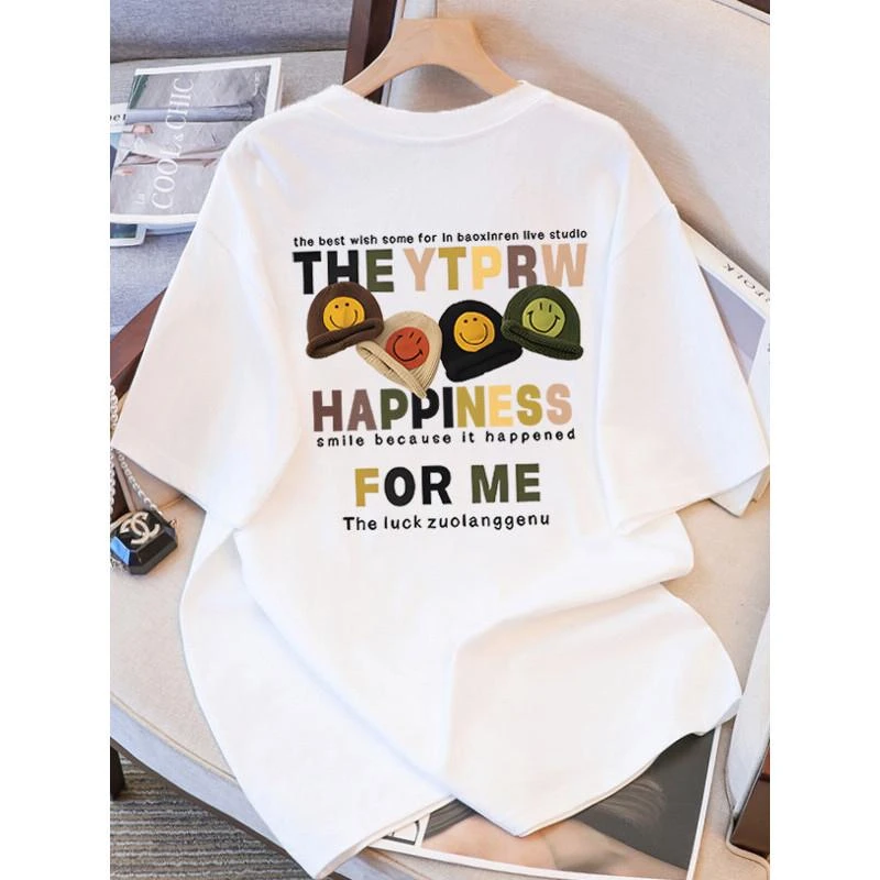 2025夏季新款重磅卡通帽子印花短袖T恤女宽松纯棉学院风休闲上衣