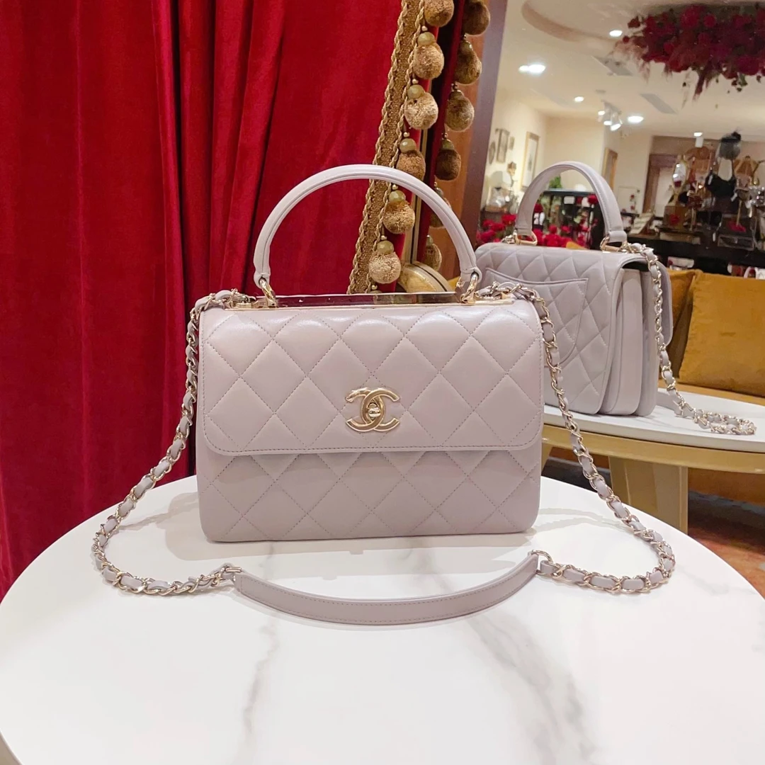 95新 Chanel/香奈儿 GGStrendycc小号灰色金扣羊皮单肩包20797698