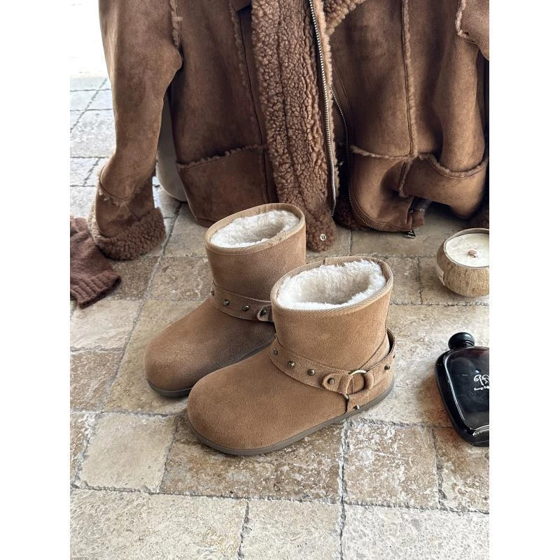 美炸！太好穿了~圆头铆钉皮带扣雪地靴加绒保暖短筒棉鞋7202/A12