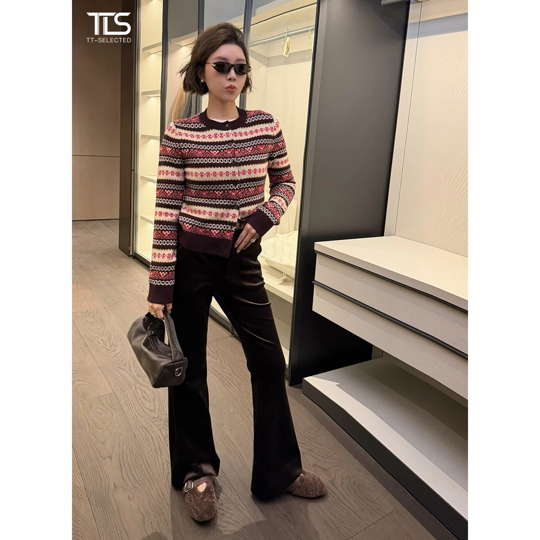 TT【佛罗伦萨】康赛妮羊绒羊毛混纺加厚保暖复古圆领毛衣开衫MY5335