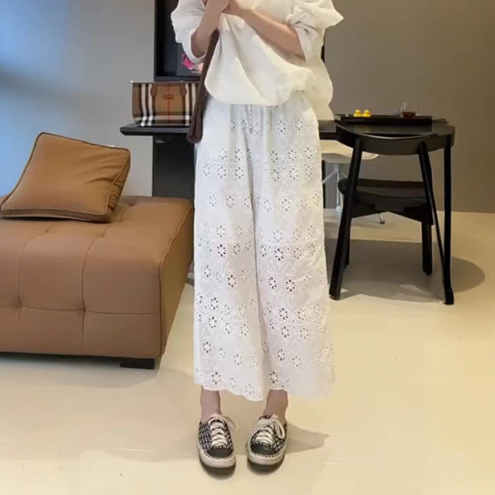 窄版国风阔腿裤女夏季薄款宽松显瘦白色绣花镂空休闲九分凉凉裤子