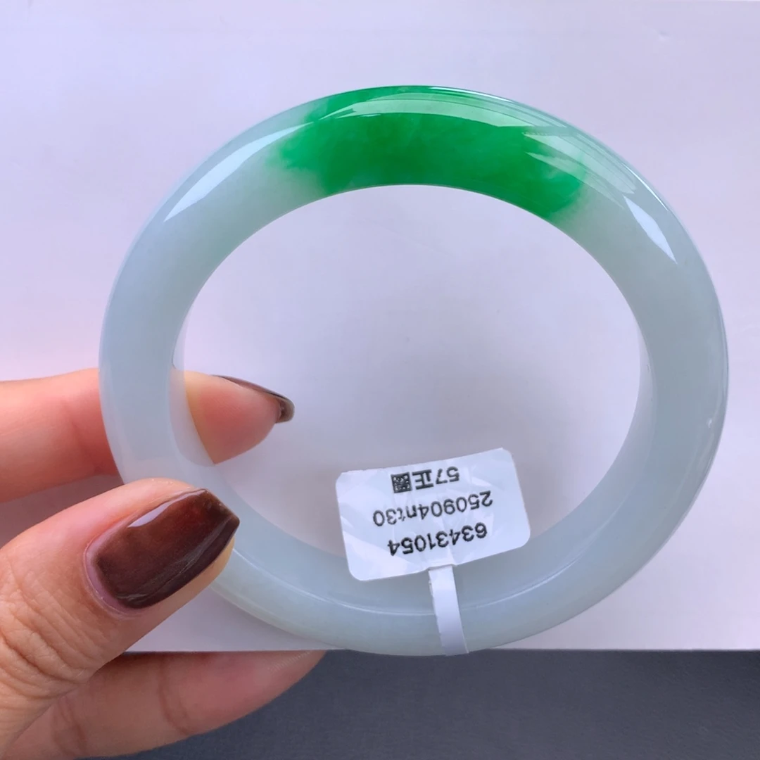 翡翠未镶嵌手镯糯冰辣阳绿手镯（细纹）