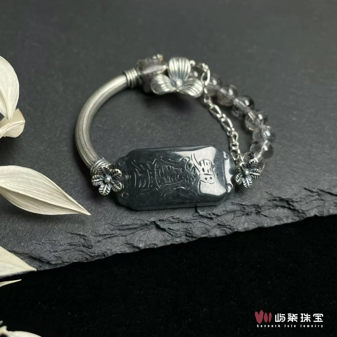 【要努力】F516 翡翠银s925镶嵌 乌鸡牌大花手串