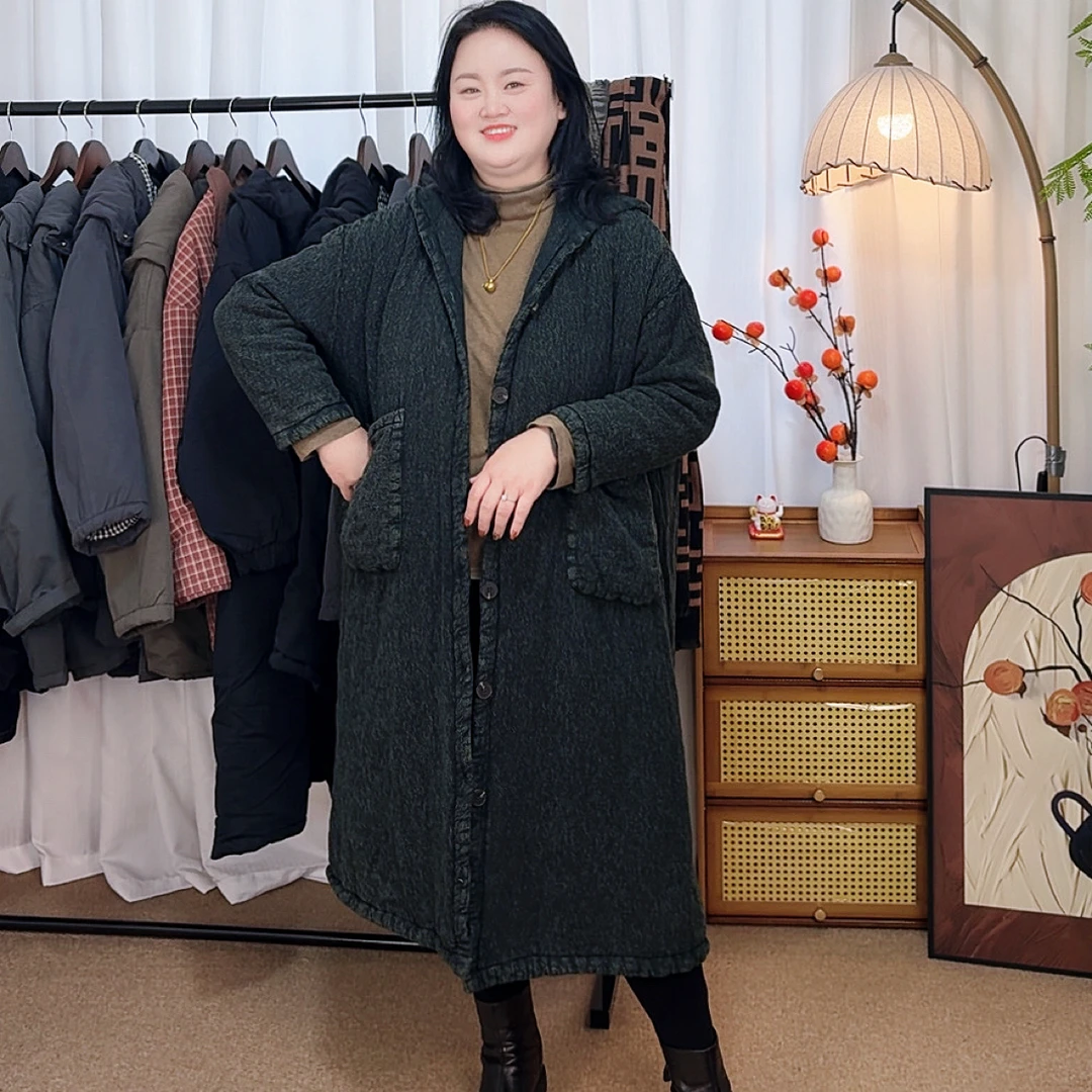 亚麻冬季加厚长款棉服胸围150衣长111可穿130-180斤以内