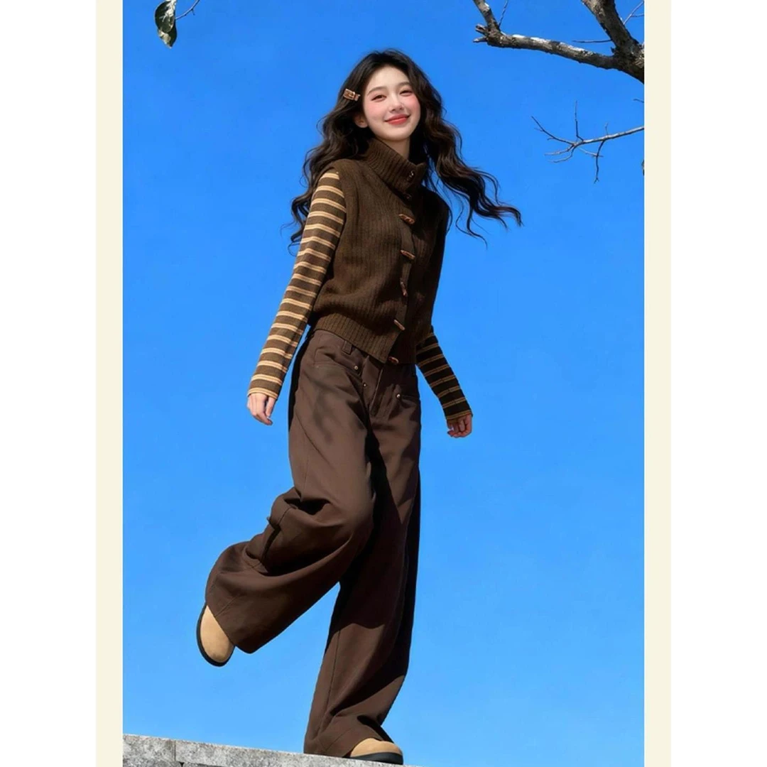 巨好看冬装一整套清冷松弛感高知穿搭miu系咖色针织背心裤子套装