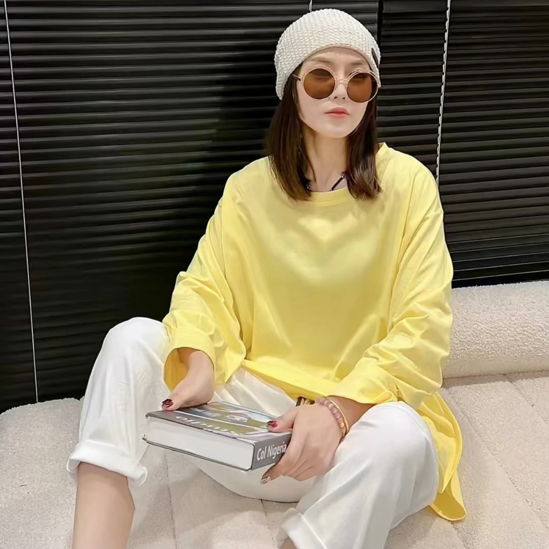 大码女装早秋新款纯色净版糖果色圆领宽松休闲百搭打底上衣8858