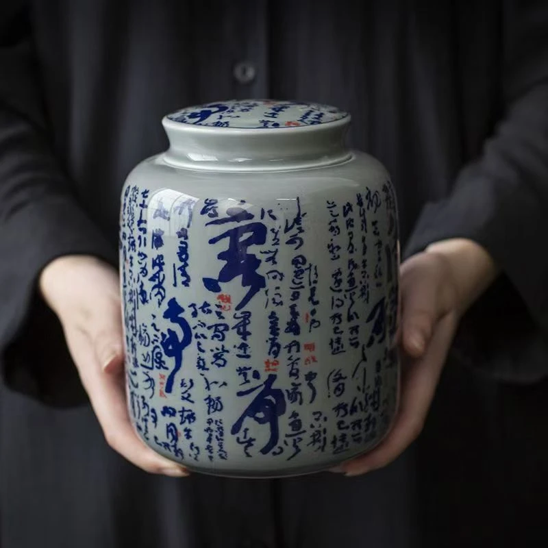 青花陶瓷茶叶罐高档带盖密封储茶罐储物复古山茶花茶白茶散茶防潮