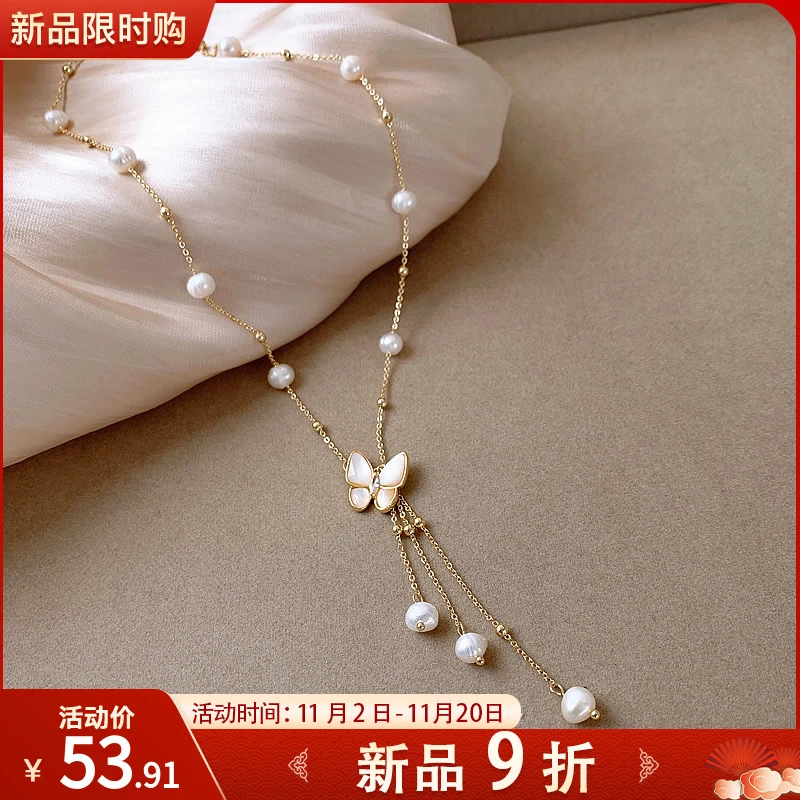 铜合金项链 3863巴洛克风珠珠项链优雅法式蝴蝶项链颈链锁骨链