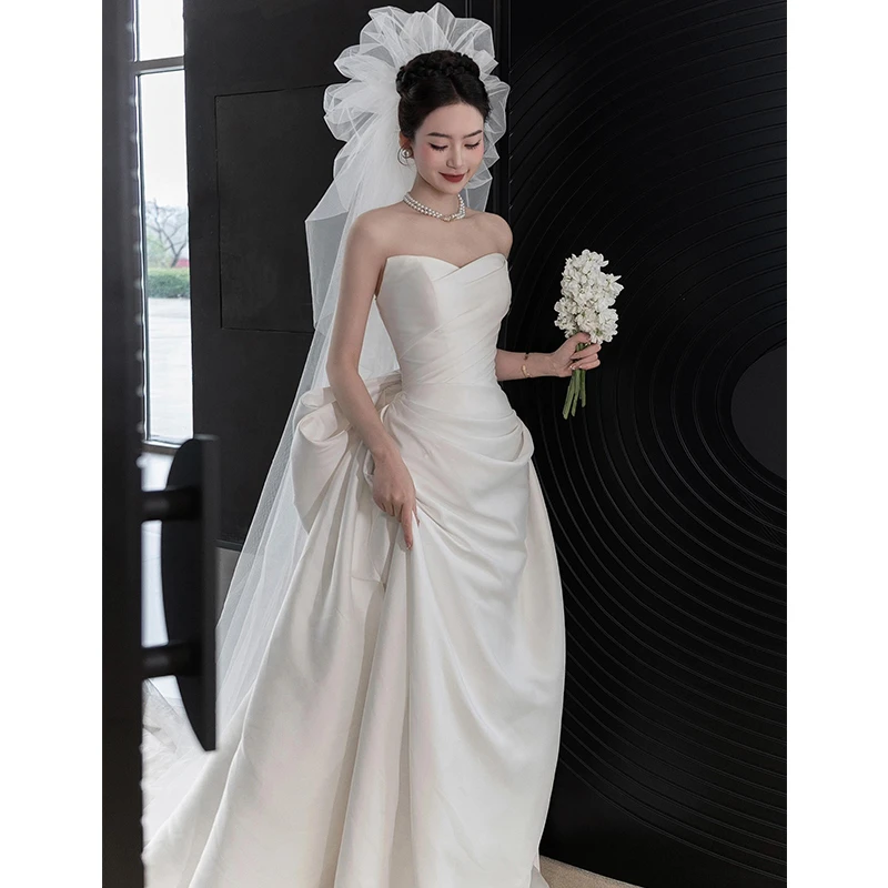 鱼尾主婚纱礼服裙小个子复古订婚出门纱抹胸法式轻晨袍女新娘缎面