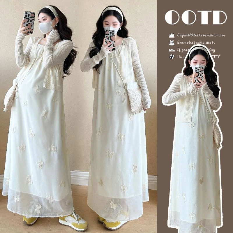 【枫丽】2025春夏新款孕妇茶歇法式蝴蝶绣花吊带裙连衣裙外搭开衫