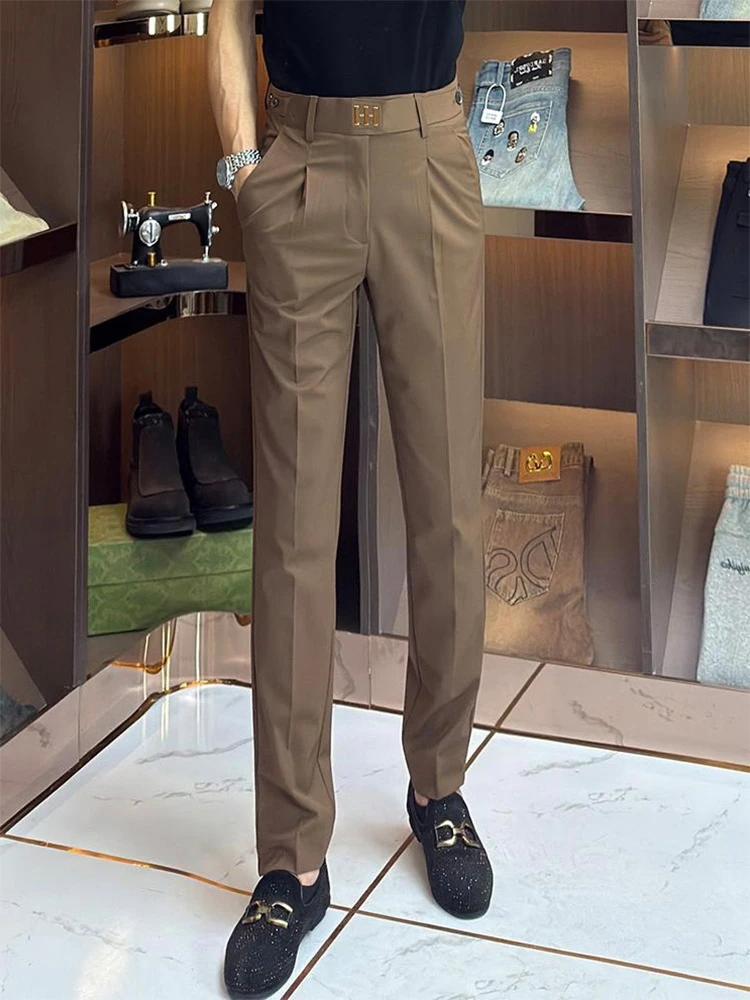 新款夏季休闲裤男士潮流百搭小脚直筒裤商务气质纯色修身西装长裤