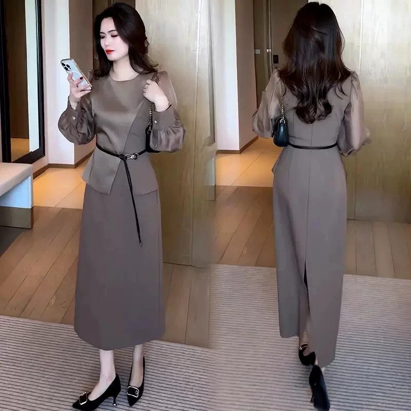 时尚连衣裙女2025春秋显瘦假两件拼接长袖系带中长款裙子