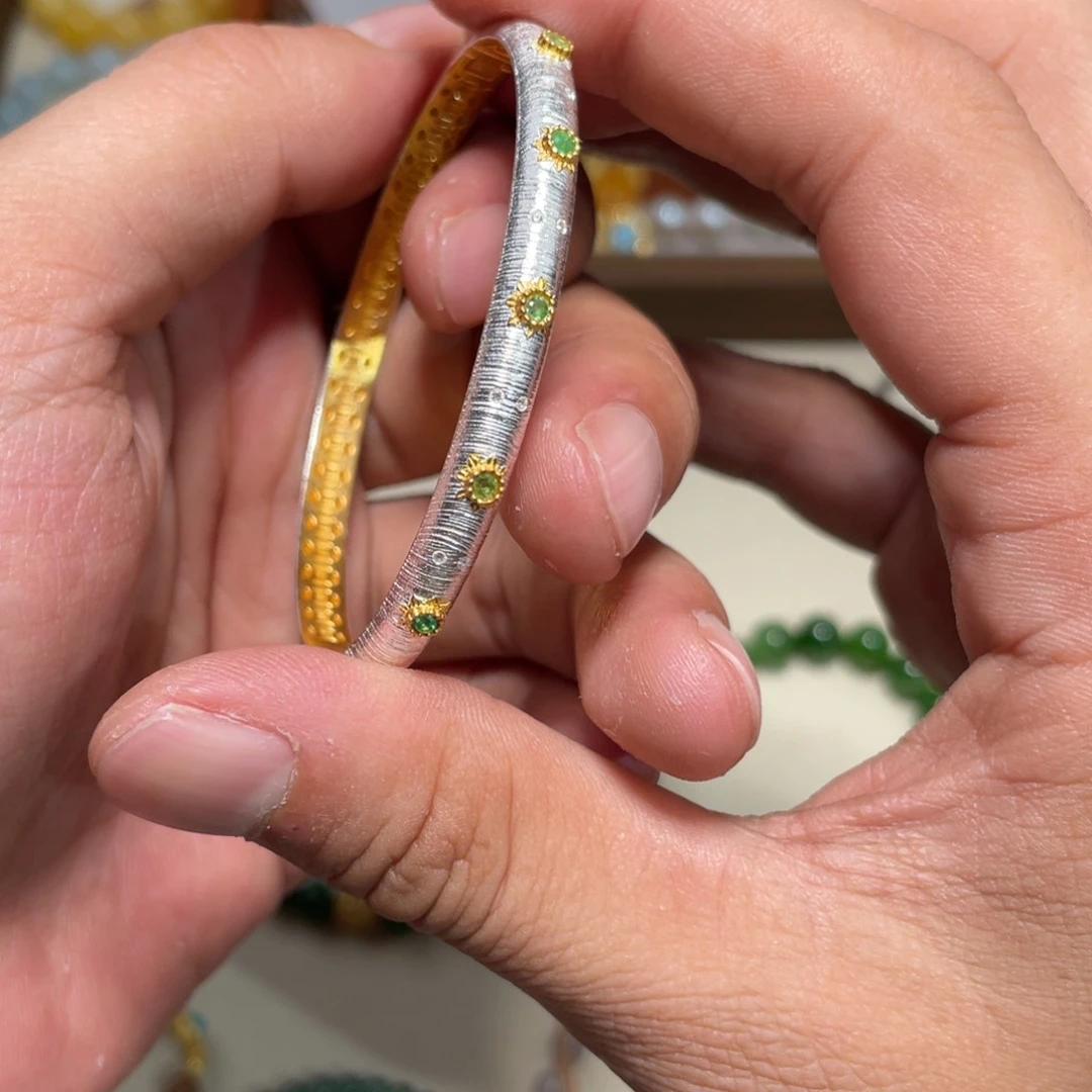 祖母绿手镯银S925镶嵌