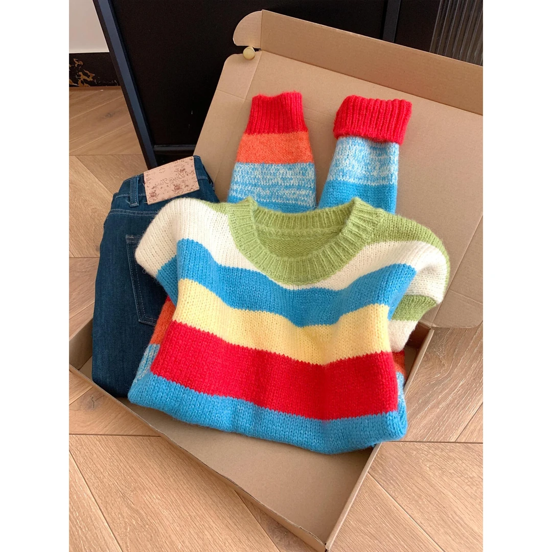 一眼惊艳感！色系好美！彩色圆领针织衫女秋季绝美时髦设计气质毛衣