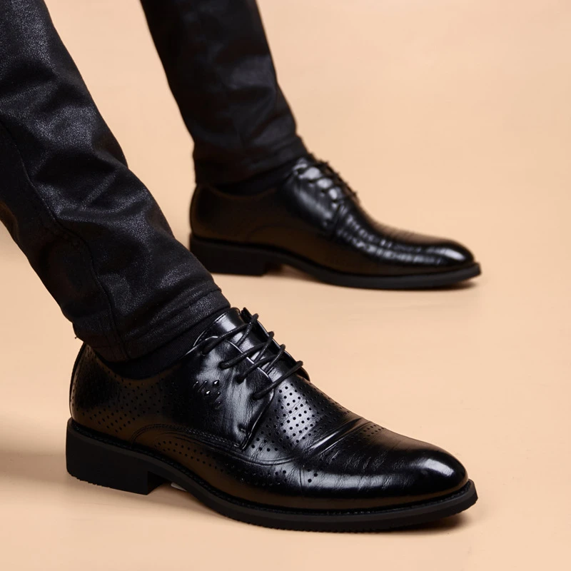 EAEOVNI夏季皮鞋男韩版商务休闲男鞋增高尖头软底镂空透气男鞋
