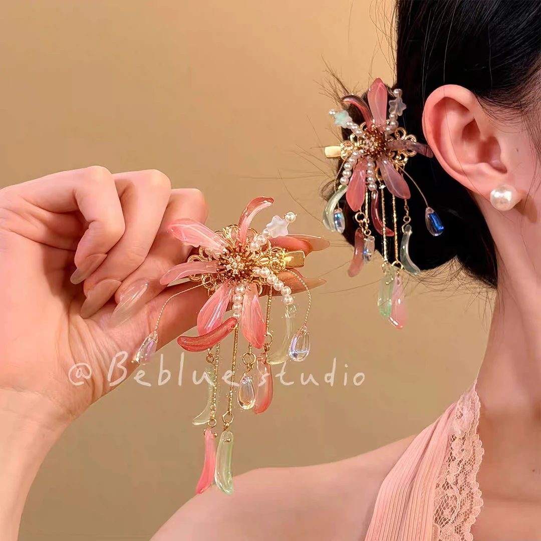 新中式粉色流苏发夹女新年喜庆头饰侧边夹发饰