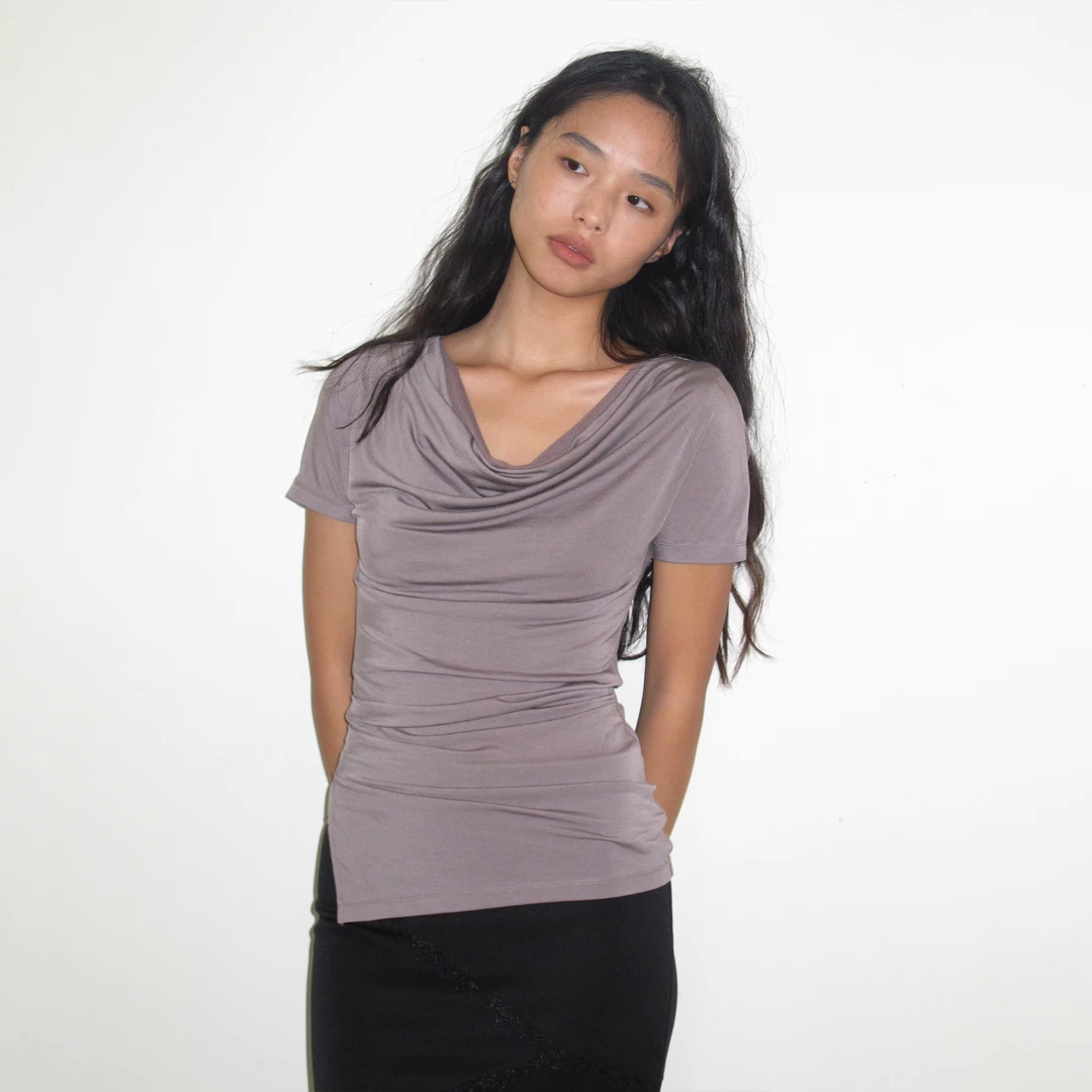 Mito de dar 奥地利兰精天丝荡领中长款正肩打褶收腰修身短袖上衣